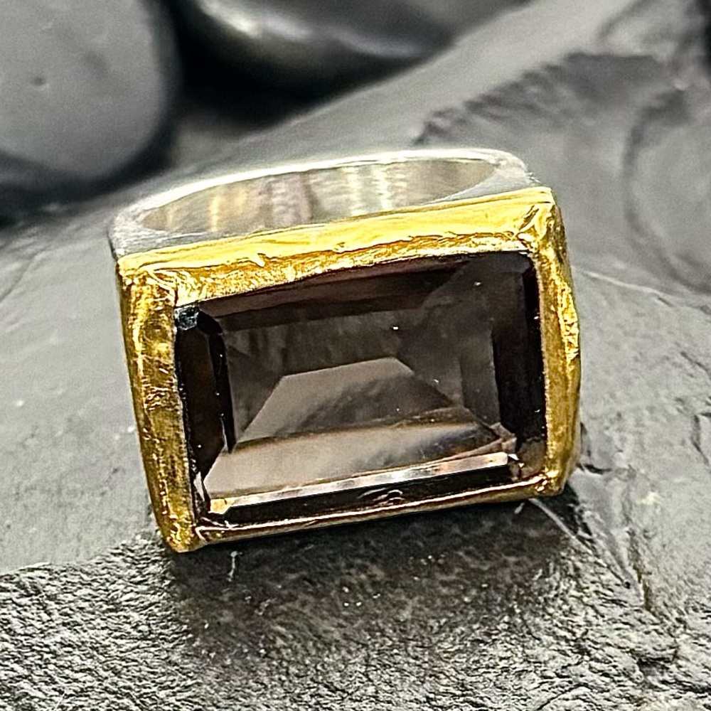 NAVA ZAHAVI 22k Gold/Smokey Quartz/Sterling Silver Ring Size 8